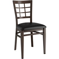 Lancaster Table & Seating Spartan Series Metal Window Back Chair with Dark Walnut Wood Grain Finish and Black Vinyl Seat - Detached Seat