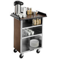 Lakeside 681W Stainless Steel Beverage Service Cart with 3 Shelves and Walnut Vinyl Finish - 58 3/8" x 24" x 38 1/4"