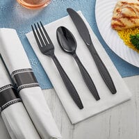 Visions 17 inch x 17 inch White Pre-Rolled Linen-Feel Napkin and Black Heavy Weight Plastic Cutlery Set - 100/Case