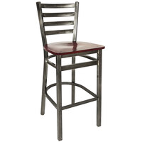 BFM Seating Lima Steel Bar Height Chair with Mahogany Wooden Seat and Clear Coat Frame