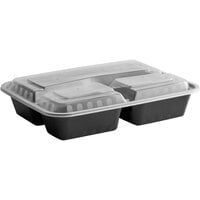 Choice 32 oz. Black 9 3/4" x 7 1/4" x 2" 3-Compartment Rectangular Microwavable Heavy Weight Container with Lid - 150/Case