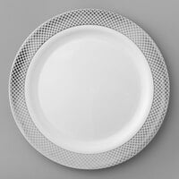Visions 9" White Plastic Plate with Silver Lattice Design - 12/Pack