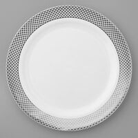 Visions 10" White Plastic Plate with Silver Lattice Design - 12/Pack