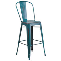 Flash Furniture ET-3534-30-KB-GG Distressed Kelly Blue-Teal Metal Bar Height Stool with Vertical Slat Back and Drain Hole Seat