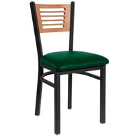 BFM Seating Espy Sand Black Metal Side Chair with Cherry Wooden Back and 2" Green Vinyl Seat