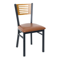 BFM Seating Espy Sand Black Metal Side Chair with Cherry Wooden Back and 2" Light Brown Vinyl Seat