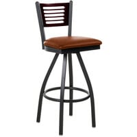 BFM Seating Espy Sand Black Metal Bar Height Chair with Mahogany Wooden Back and 2" Light Brown Vinyl Swivel Seat