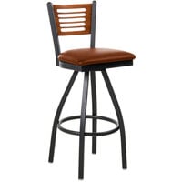 BFM Seating Espy Sand Black Metal Bar Height Chair with Cherry Wooden Back and 2" Light Brown Vinyl Swivel Seat
