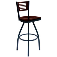 BFM Seating Espy Sand Black Metal Bar Height Chair with Walnut Wooden Back and Swivel Seat