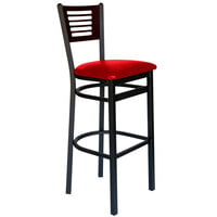 BFM Seating Espy Sand Black Metal Bar Height Chair with Walnut Wooden Back and 2" Red Vinyl Seat
