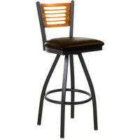 BFM Seating Espy Sand Black Metal Bar Height Chair with Natural Wooden Back and 2" Dark Brown Vinyl Swivel Seat