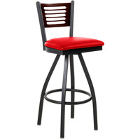BFM Seating Espy Sand Black Metal Bar Height Chair with Walnut Wooden Back and 2" Red Vinyl Swivel Seat