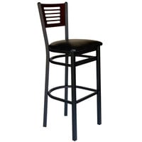 BFM Seating Espy Sand Black Metal Bar Height Chair with Walnut Wooden Back and 2" Black Vinyl Seat