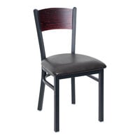 BFM Seating Dale Sand Black Metal Side Chair with Mahogany Finish Wooden Back and 2" Black Vinyl Seat