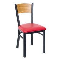 BFM Seating Dale Sand Black Metal Side Chair with Cherry Finish Wooden Back and 2" Red Vinyl Seat