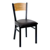 BFM Seating Dale Sand Black Metal Side Chair with Cherry Finish Wooden Back and 2" Black Vinyl Seat