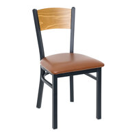 BFM Seating Dale Sand Black Metal Side Chair with Cherry Finish Wooden Back and 2" Light Brown Vinyl Seat