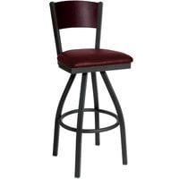 BFM Seating Dale Sand Black Metal Swivel Bar Height Chair with Mahogany Finish Wooden Back and 2" Burgundy Vinyl Seat