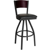 BFM Seating Dale Sand Black Metal Swivel Bar Height Chair with Mahogany Finish Wooden Back and 2" Black Vinyl Seat