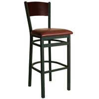 BFM Seating Dale Sand Black Metal Bar Height Chair with Walnut Finish Wooden Back and 2" Burgundy Vinyl Seat