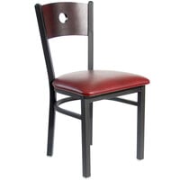 BFM Seating Darby Sand Black Metal Side Chair with Mahogany Wooden Back and 2" Burgundy Vinyl Seat