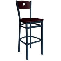 BFM Seating Darby Sand Black Metal Bar Height Chair with Mahogany Wooden Back and Seat