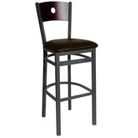 BFM Seating Darby Sand Black Metal Bar Height Chair with Mahogany Wooden Back and 2" Dark Brown Vinyl Seat