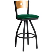 BFM Seating Darby Sand Black Metal Bar Height Chair with Natural Wooden Back and 2" Green Vinyl Swivel Seat