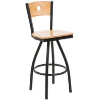 BFM Seating Darby Sand Black Metal Bar Height Chair with Natural Wooden Back and Swivel Seat