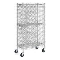 Regency 18" x 36" Chromate Finish Mobile 84-Bottle Wire Wine Rack Kit with 64" Chrome Mobile Posts, 3 Shelves, and Security Cage