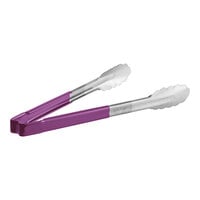 Vollrath 4781280 Jacob's Pride 12" Stainless Steel Scalloped Tongs with Purple Allergen-Free Coated Kool Touch® Handle