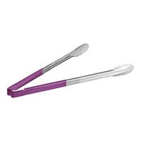 Vollrath 4781680 Jacob's Pride 16" Stainless Steel Scalloped Tongs with Purple Allergen-Free Coated Kool Touch® Handle