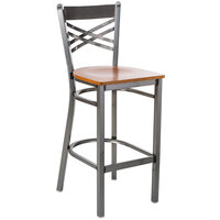 Lancaster Table & Seating Clear Coat Finish Cross Back Bar Stool with Cherry Wood Seat - Assembled