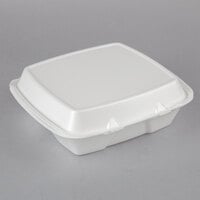 Dart 90HTPF3R 9" x 9" x 3" White Foam Three-Compartment Square Take Out Container with Hinged Lid - 100/Pack