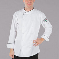 Mercer Culinary Renaissance® M62020 Men's White Customizable Scoop Neck Chef Jacket with Black Piping