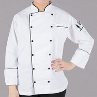 Mercer Culinary Renaissance® M62095 Women's Lightweight White Customizable Traditional Neck Chef Jacket with Full Black Piping