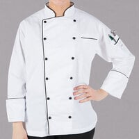Mercer Culinary Renaissance® Women's Lightweight White Executive Customizable Chef Jacket with Full Black Piping M62095WB - L
