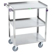 Lakeside 411A Medium-Duty Stainless Steel 3 Shelf Utility Cart with Purple Handle and Leg Bumpers - 16 3/4" x 27 5/8" x 32"