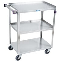 Lakeside 311A Standard-Duty Stainless Steel 3 Shelf Utility Cart with Purple Handle and Leg Bumpers - 16 1/4" x 27 1/2" x 32 1/8"