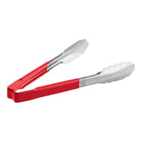Vollrath 4780940 Jacob's Pride 9 1/2" Stainless Steel Scalloped Tongs with Red Coated Kool Touch® Handle