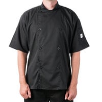 Mercer Culinary Genesis® M61012 Unisex Black Customizable Traditional Neck Short Sleeve Chef Jacket