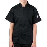 Mercer Culinary Genesis® M61042 Women's Black Customizable Traditional Neck Short Sleeve Chef Jacket with Cloth Knot Buttons
