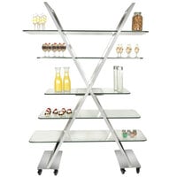 Eastern Tabletop ST1700 55" x 17" x 74" X-Shaped Stainless Steel Rolling Buffet with Clear Tempered Glass Shelves