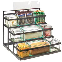 Cal-Mil 3603-13 3-Step Black Coffee Condiment Station with 9 Glass Jars - 16 inch x 14 3/4 inch x 13 1/2 inch