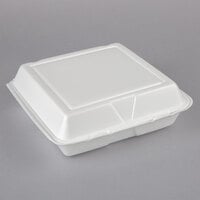 Dart 95HT3R 9 1/2" x 9" x 3" White Foam Three-Compartment Square Take Out Container with Hinged Lid - 200/Case