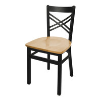 BFM Seating Akrin Sand Black Steel Side Chair with Cross Steel Back and Cherry Wooden Seat