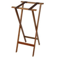 CSL 1178 Back Saver 38" Dark Walnut Extra Tall Wood Tray Stand with Brown Straps - 5/Pack