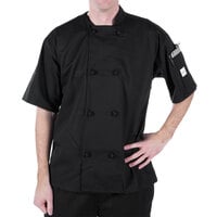 Mercer Culinary Millennia® M60014 Unisex Black Customizable Short Sleeve Cook Jacket with Cloth Knot Buttons