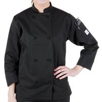 Mercer Culinary Millennia® M60022 Women's Black Customizable Long Sleeve Cook Jacket with Cloth Knot Buttons