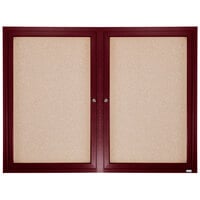Aarco Enclosed Indoor Hinged Locking 2 Door Bulletin Board with Cherry Frame